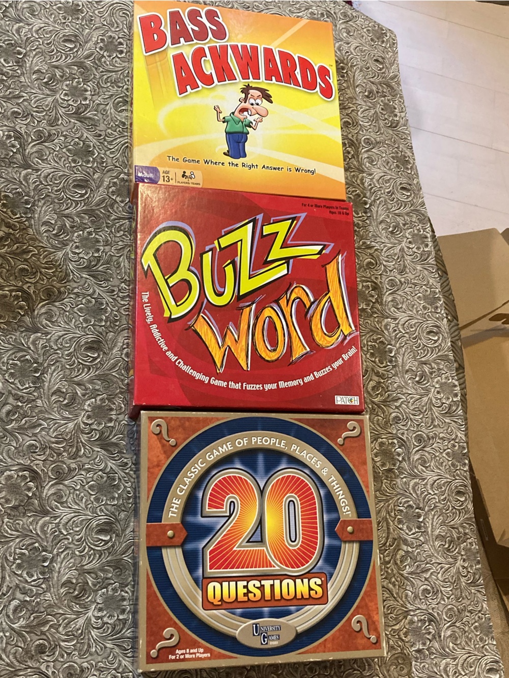 3 Board Game Bundle: 20 Questions Bass Ackwards and Buzz Word